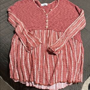 Textured Button-Front Rust Red Boho Peasant Top